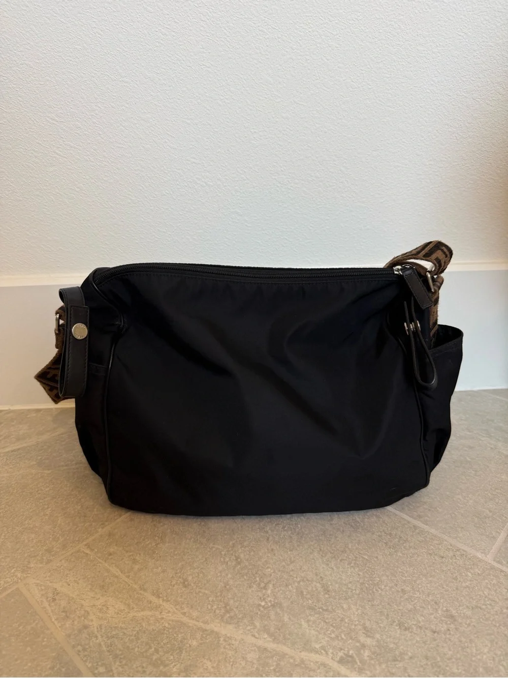 Fendi Black Leather Messenger Bag with Brown FF Jacquard Strap